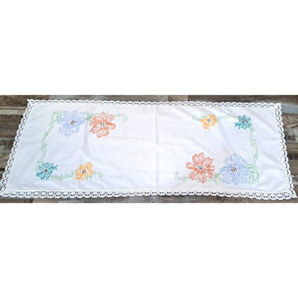 Vintage Embroidered Table Runner Pastel Flowers Spring Lace Edge Cottage 41x16